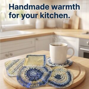 5 piece crocheted hot pad/trivet, 3 crocheted dishcloths, gripper jar opener